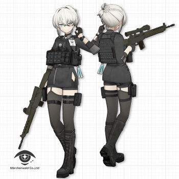 1girl 3d absurdres ammunition_pouch assault_rifle belt_pouch black_footwear black_gloves black_jacket black_shorts black_thighhighs blue_eyes boots braid bulletproof_vest closed_mouth clothing_cutout commentary_request company_name crossed_bangs dani_periapsis earpiece expressionless facing_away folded_ponytail full_body garter_straps gloves glowstick gradient_hair grey_hair grid_background gun hair_between_eyes hair_intakes half_up_braid heel_up highres hip_vent holding holding_gun holding_weapon holster id_card jacket knee_boots lace-up_boots load_bearing_vest logo magazine_(weapon) mole mole_on_thigh mole_under_eye multicolored_eyes multicolored_hair multiple_moles multiple_views necktie original police police_uniform policewoman ponytail pouch rifle scope shin_strap shoe_soles short_ponytail short_shorts shorts side_slit sig_sg550 simple_background single_garter_strap standing star-shaped_pupils star_(symbol) suit_jacket symbol-shaped_pupils tactical_clothes tell_(seallllion) thigh_holster thigh_pouch thigh_strap thighhighs three-quarter_sleeves two-tone_eyes vrchat walkie-talkie watch weapon white_background white_hair white_necktie wing_collar wristwatch