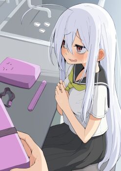 1girl black_sailor_collar black_skirt blush breasts commentary_request highres holding long_sleeves neckerchief original sailor_collar salpin school_uniform serafuku shirt short_sleeves sink skirt small_breasts solo solo_focus sweat white_hair white_shirt yellow_neckerchief