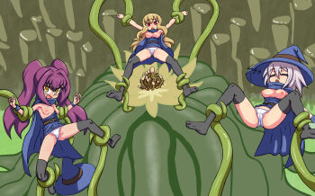 3girls 3uf0ria absurdres ankle_grab bad_end belt black_thighhighs blonde_hair blue_cape blue_dress breasts breasts_out cameltoe cape claudia_(maze_of_marionette) closed_eyes clothes_pull commentary dress english_commentary grabbing_another's_arm highres imminent_rape large_breasts long_hair maze_of_marionette midair monster multiple_girls open_mouth panties purple_hair red_eyes shirt_pull sleeping small_breasts spread_legs struggling tentacles thighhighs twintails underwear white_hair white_panties yellow_eyes zzz