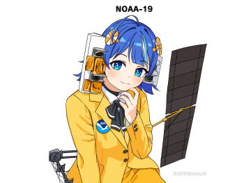 1girl ahoge antennae blue_eyes blue_hair commentary english_commentary highres jacket looking_at_viewer mecha_musume national_oceanic_and_atmospheric_administration noaa-19 orange_jacket orange_skirt original personification sbarky38 short_hair simple_background skirt solo white_background