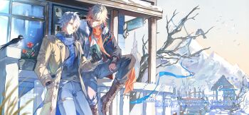 2boys antenna_hair arm_tattoo bare_tree black_boots black_gloves black_jacket black_pants black_shirt blonde_hair blue_eyes blue_scarf boots braid brown_coat chest_tattoo chinese_commentary coat commentary_request commission denim facial_tattoo fur-trimmed_jacket fur_trim gloves gradient_hair hand_in_pocket highres honkai:_star_rail honkai_(series) jacket jeans luuuuuucao22811 male_focus medium_hair mountainous_horizon multicolored_hair multiple_boys mydei_(honkai:_star_rail) open_clothes open_coat pants parted_bangs phainon_(honkai:_star_rail) popped_collar red_hair red_scarf red_tattoo scarf shirt short_hair side_braid sitting snow tattoo thigh_strap tree turtleneck turtleneck_shirt watermark white_hair white_shirt winter_clothes winter_coat yellow_eyes