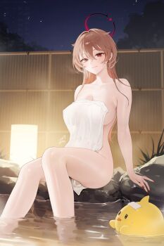 1girl arm_support azur_lane baby_animal bamboo_fence bath bathing bird blush breasts brown_hair chick closed_mouth covering_privates duca_degli_abruzzi_(azur_lane) fence halo highres large_breasts light_smile long_hair looking_at_viewer manjuu_(azur_lane) naked_towel night night_sky nude_cover ohisashiburi onsen red_eyes rock sitting sky smile soaking_feet solo towel towel_on_head water