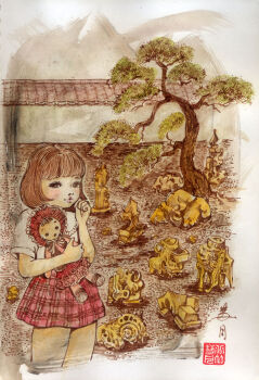 1girl blush brown_eyes brown_hair doll fossil fractal_underground_studio highres holding holding_doll looking_at_viewer original pine_tree plaid_clothes plaid_skirt red_skirt shirt short_hair short_sleeves skirt standing traditional_media tree white_shirt