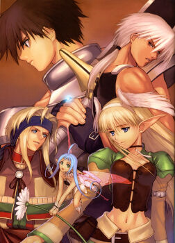 2girls 3boys absurdres ahoge armlet black_eyes black_hair blonde_hair blue_background blue_eyes blue_hair brown_background choker crop_top cupid_(shining_tears) daisy_(flower) elf elwing fairy feathers flower flying glowing gorget gradient_background green_eyes hair_between_eyes hair_rings head_wings headband highres jewelry keiner long_hair low_ponytail maple_(shining_tears) midriff mini_person minigirl multiple_boys multiple_girls narrow_waist navel own_hands_together pointy_ears ponytail red_eyes ring scan sega shining_(series) shining_tears short_hair_with_long_locks sword tony_taka v-shaped_eyebrows weapon white_hair wings xion