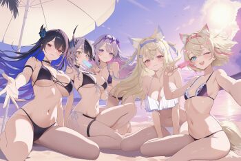 5girls absurdres animal_ear_fluff animal_ears asymmetrical_horns beach bikini black_bikini black_hair blonde_hair blue_eyes blue_hair breasts colored_inner_hair commentary_request dog_ears dog_girl dog_tail fake_horns food fuwawa_abyssgard grey_hair hair_ornament hairband highres holding holding_food holding_popsicle holoadvent hololive hololive_english horn_hairband horns koseki_bijou large_breasts long_hair looking_at_viewer mococo_abyssgard multicolored_hair multiple_girls navel nerissa_ravencroft one_eye_closed pink_hair popsicle red_eyes shiori_novella siblings sisters small_breasts smile split-color_hair swimsuit szkure. tail thigh_strap twins uneven_horns virtual_youtuber