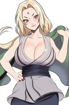 1girl blonde_hair breasts brown_eyes cleavage collarbone crystal_necklace facial_mark flak_jacket forehead_mark forehead_protector green_haori grey_kimono haori highres huge_breasts jacket japanese_clothes kimono konohagakure_symbol large_breasts long_hair looking_at_viewer mature_female naruto_(classic) naruto_(series) red_nails short_eyebrows simple_background smile solo tsunade_(naruto) windriftdraws