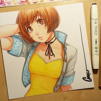 1girl arm_up art_tools_in_frame black_ribbon blue_jacket breasts brown_eyes brown_hair buttons closed_mouth collarbone commentary commentary_request cropped_jacket dress english_commentary hand_in_own_hair jacket lips looking_at_viewer medium_breasts multicolored_jacket neck_ribbon official_alternate_costume omar_dogan open_clothes open_jacket persona persona_4 persona_4_the_golden photo_(medium) pink_lips ribbon satonaka_chie short_hair simple_background solo two-tone_jacket upper_body white_background white_jacket yellow_dress