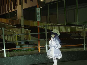 1girl blue_capelet blue_dress blue_hair capelet commentary dress evening fence hat highres indie_virtual_youtuber iron_fence long_hair long_sleeves looking_at_viewer nkymyura outdoors own_hands_together smile solo tantei_hatena virtual_youtuber white_hat wide_shot