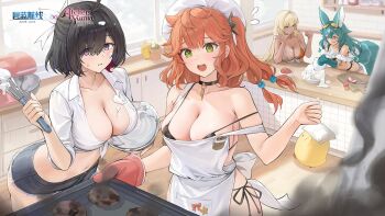 4girls animal_ear_fluff animal_ears animal_hands apron armpit_crease atelier_(series) atelier_yumia azur_lane bikini black_bikini black_choker black_hair blonde_hair bow breasts burnt_food choker cleavage collarbone copyright_name cream cream_on_body cream_on_breasts cream_on_face dark-skinned_female dark_skin denim denim_shorts flying_sweatdrops food food_on_face fruit green_eyes green_hair hair_bow highres indoors isla_von_duerer isla_von_duerer_(open-air_vacationeer) kitchen large_breasts lenja lenja_(summer_vacation_time) logo long_hair looking_at_viewer manjuu_(azur_lane) medium_hair mole mole_under_eye multiple_girls navel nina_friede nina_friede_(cafe_&amp;_diner_mode) official_alternate_costume official_art orange_hair oven_mitts plant potted_plant purple_eyes red_eyes shirt short_hair short_shorts shorts side-tie_bikini_bottom side_ponytail skindentation stomach strawberry swimsuit third-party_source tied_shirt whisk white_apron white_bow white_shirt window yumia_liessfeldt yumia_liessfeldt_(everyone's_favorite_patissier)