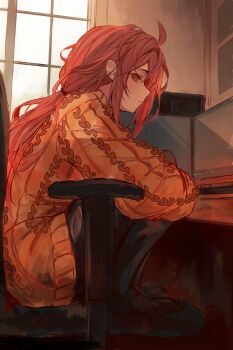 1girl absurdres ahoge black_pantyhose chair day expressionless full_body highres hugging_own_legs indoors knees_up knit_sweater long_hair long_sleeves looking_ahead monitor naokomama office_chair on_chair orange_sweater original pantyhose pink_hair ponytail profile red_eyes sidelocks sitting solo sweater swivel_chair table window