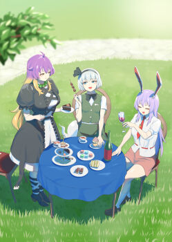 3girls alcohol animal_ears bead_necklace beads black_bow black_bowtie black_dress black_footwear black_hair blonde_hair blue_eyes blush boots bottle bow bow_hairband bowtie breasts cake cake_slice carrot_pin chair closed_eyes closed_mouth cobblestone collared_shirt commentary_request cross-laced_clothes cross-laced_dress cup cupcake day dress drinking_glass food frilled_sleeves frills from_above full_body ghost gradient_hair grass green_skirt green_vest grey_hair hairband highres hijiri_byakuren jewelry konpaku_youmu konpaku_youmu_(ghost) large_breasts layered_dress loafers long_hair looking_at_another looking_at_viewer macaron medium_breasts multicolored_hair multiple_girls necklace necktie nekobatake open_mouth outdoors path pink_skirt puffy_short_sleeves puffy_sleeves purple_hair rabbit_ears rabbit_girl red_necktie reisen_udongein_inaba road sandwich saucer shirt shoes short_sleeves sitting skirt skirt_set slice_of_life small_breasts smile socks table tablecloth tea teacup tiered_tray touhou very_long_hair vest white_dress white_shirt white_socks wine wine_bottle wine_glass