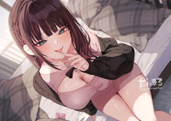 1girl bed bed_sheet black_cardigan blanket blue_eyes blunt_bangs blush breasts brown_hair cardigan cleavage cleavage_cutout clothing_cutout commentary_request condom condom_wrapper curtains danimaru earrings indoors jewelry large_breasts long_hair long_sleeves looking_at_viewer on_bed open_mouth original pillow pink_sweater sidelocks sitting solo sweater thighs window
