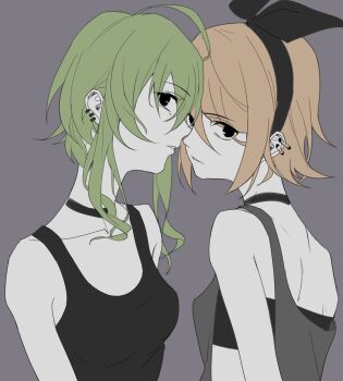 2girls black_bow black_choker black_eyes black_hairband black_tank_top black_tube_top bow breasts brown_hair choker commentary_request earclip earrings expressionless green_hair grey_background grey_tank_top gumi hair_bow hairband highres jewelry kagamine_rin medium_breasts medium_hair multiple_earrings multiple_girls parted_lips safety_pin short_hair sidelocks simple_background solid_eyes strapless tank_top tube_top vocaloid wounds404