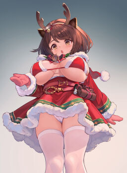 :o antlers blush bra breasts brown_hair capelet christmas_ornaments draph dress fake_antlers from_below fur-trimmed_bra fur-trimmed_dress fur-trimmed_gloves fur-trimmed_headwear fur_trim gift gloves granblue_fantasy hairband hat highres horns large_breasts open_mouth oppai_loli panties petite red_capelet red_dress reindeer_antlers santa_bra santa_costume santa_dress santa_hat short_hair small_horns thighhighs u-suke_(supertie) underboob underwear white_panties white_thighhighs yaia_(granblue_fantasy) yellow_eyes