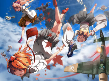 6+girls absurdres aircraft aircraft_turret airplane animal_ears bai_huashu black_skirt blue_dress blue_hair blue_sky bomber boots bow broom broom_riding brown_eyes brown_hair brown_skirt checkered_clothes checkered_skirt cloud collared_shirt commentary detached_sleeves dress falling floating_island flying freedom_dive full_body gohei grey_hair hair_bow hakurei_reimu hat highres himekaidou_hatate hinanawi_tenshi holding holding_gohei holding_hands iizunamaru_megumu inaba_tewi inubashiri_momiji izayoi_sakuya ju_87 kaname-ishi kawashiro_nitori kirisame_marisa long_hair looking_at_another multiple_girls no_tail open_mouth pointy_ears projectile_trail purple_bow purple_footwear purple_hat red_eyes red_footwear red_hat reisen_udongein_inaba remilia_scarlet scared shameimaru_aya shirt short_hair short_sleeves skirt sky smile tokin_hat touhou twintails v-shaped_eyebrows white_shirt white_sleeves wind witch_hat wolf_ears wolf_girl yamashiro_takane