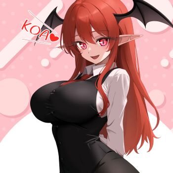 Rule 34 | 1girl, :d, absurdres, arms behind back, black pants, black vest, blush, breasts, buttons, collared shirt, commentary request, double-parted bangs, hair between eyes, head wings, highres, koa (phrase), koakuma, large breasts, long eyelashes, long hair, long pointy ears, long sidelocks, long sleeves, looking at viewer, necktie, open mouth, pants, pink background, pointy ears, red eyes, red hair, red necktie, shirt, sidelocks, smile, solo, sugar you, tight clothes, touhou, upper body, vest, white shirt, wing collar, wings