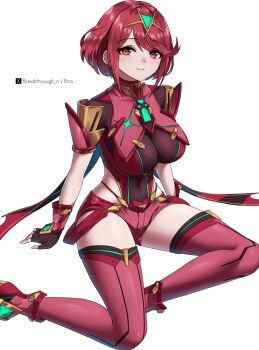 1girl arm_support artist_name bob_cut boots breasts brown_gloves chest_jewel closed_mouth commentary completion_time core_crystal_(xenoblade) covered_navel fingerless_gloves gem gloves green_gem highres impossible_clothes large_breasts looking_at_viewer pyra_(xenoblade) red_boots red_eyes red_hair red_shorts riro_(breakthrough_rr) short_hair short_shorts shorts simple_background sitting smile solo thigh_boots tiara twitter_username twitter_x_logo white_background xenoblade_chronicles_(series) xenoblade_chronicles_2