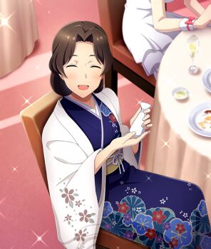 2girls alcohol blue_kimono blush bottle bow brown_hair chair champagne champagne_flute cup dress drinking_glass facing_viewer floral_print floral_print_kimono forehead from_above game_cg gojou_iroha hands_up haori holding holding_bottle indoors japanese_clothes kimono mature_female multiple_girls obi official_art on_chair open_mouth parted_bangs pink_bow plate print_kimono round_table sash short_hair sitting smile solo_focus sparkle table tablecloth third-party_source toji_no_miko toji_no_miko:_kizamishi_issen_no_tomoshibi white_dress white_haori wristband yellow_sash