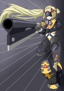 Rule 34 | 1girl, black gloves, black pants, blindfold mask, blonde hair, breasts, camouflage, commentary, covered eyes, fingerless gloves, gloves, hair ornament, highres, holding, jacket, long hair, mask, navel, open mouth, pants, ponytail, shotockflow, solo, trigger (zenless zone zero), zenless zone zero