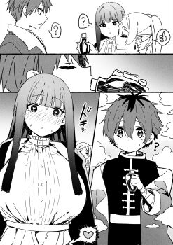1boy 2girls 4koma ? age_difference aged_down breasts child comic dress elf eyelashes fern_(sousou_no_frieren) frieren heart heart-shaped_pupils highres huge_breasts long_hair monochrome multiple_girls onee-shota pointy_ears potion shota sidelocks size_difference sky-freedom sousou_no_frieren standing stark_(sousou_no_frieren) symbol-shaped_pupils thumbs_up twintails