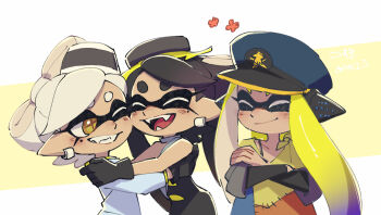 3girls :d ^_^ agent_3_(splatoon) bare_shoulders black_dress black_gloves black_hair blonde_hair blue_headwear bow-shaped_hair callie_(alterna)_(splatoon) callie_(splatoon) captain_3_(splatoon) closed_eyes closed_mouth collarbone cross-shaped_pupils crossed_arms dress earrings fangs food food_on_head gloves gradient_hair grin hat headgear inkling inkling_girl inkling_player_character jewelry long_hair looking_at_another marie_(alterna)_(splatoon) marie_(splatoon) mole mole_under_eye multicolored_hair multiple_girls neck_ring nintendo object_on_head one_eye_closed open_mouth patchwork_clothes peaked_cap pointy_ears poncho purple_hair short_eyebrows short_hair smile splatoon_(series) splatoon_3 strapless strapless_dress symbol-shaped_pupils two-tone_hair ukata very_long_hair white_hair yellow_eyes