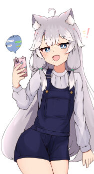 ! 1girl :d absurdres ahoge animal_ear_fluff animal_ears blue_nails cellphone commentary_request grey_hair highres holding holding_phone long_hair long_sleeves multicolored_hair nail_polish nyaha open_mouth original overall_shorts overalls phone phone_with_ears puffy_long_sleeves puffy_sleeves shirt simple_background smile solo streaked_hair text_messaging very_long_hair white_background white_hair white_shirt