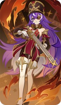 1girl bad_source bare_shoulders chevreuse_(genshin_impact) detached_sleeves earmuffs earmuffs_around_neck eyepatch gaiters genshin_impact gloves gun hat holding holding_gun holding_weapon long_hair looking_at_viewer mole mole_under_mouth multicolored_hair official_art pointy_hair puffy_detached_sleeves puffy_sleeves purple_eyes purple_hair shako_cap solo standing streaked_hair thighhigh_gaiters thighhighs two-tone_hair very_long_hair weapon white_gloves white_hair