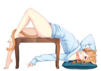 1girl absurdres animal_ears bare_shoulders barefoot blue_shirt blue_sweater blush braid breasts cat_ears cat_girl commission commissioner_upload facepaint facial_mark fang fire_emblem fire_emblem:_path_of_radiance fire_emblem:_radiant_dawn highres hood hoodie large_variant_set looking_at_viewer lying lyre_(fire_emblem) messy_hair nabunabu naked_hoodie nintendo no_bra no_pants open_mouth orange_hair orange_tail pillow purple_eyes shirt solo sweater thick_thighs thighs turtleneck turtleneck_sweater variant_set whisker_markings white_background