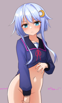 1girl black_sailor_collar blue_eyes blue_shirt blush bottomless closed_mouth commentary_request covering_crotch covering_privates cowboy_shot crescent crescent_hair_ornament dated grey_background hair_ornament kantai_collection long_sleeves looking_at_viewer navel one-hour_drawing_challenge purple_hair ray.s sailor_collar shirt short_hair short_hair_with_long_locks simple_background solo twitter_username yayoi_(kancolle)