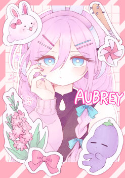 Rule 34 | 1girl, animal ear headphones, animal ears, aubrey (birthday) (omori), aubrey (faraway) (omori), aubrey (omori), baseball bat, blue bow, blue eyes, blue nails, bow, braid, bright pupils, cardigan, character name, closed mouth, commentary request, double-parted bangs, fake animal ears, hair between eyes, hair bow, hair ornament, hairclip, headphones, highres, jewelry, long hair, long sleeves, looking at viewer, low twin braids, mimi utlove, mr. plantegg (omori), multicolored nails, nail (hardware), nail bat, official alternate costume, official alternate hairstyle, omori, parallel hairclips, pink cardigan, pink nails, purple nails, rabbit ear headphones, rabbit ears, ring, sidelocks, solo, twin braids, upper body, white pupils