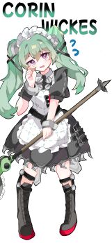 1girl absurdres apron black_boots boots breasts character_name circular_saw commentary corin_wickes ekaki_kujira_(user_wvah5448) english_commentary flying_sweatdrops full_body green_hair hair_between_eyes highres holding holding_weapon knee_boots long_hair looking_at_viewer maid maid_apron maid_headdress puffy_short_sleeves puffy_sleeves purple_eyes saw screw_hair_ornament short_sleeves simple_background solo twintails weapon white_background zenless_zone_zero