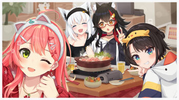 4girls ahoge animal_ears arm_hug black_hairband black_hoodie blue_eyes blurry blush breasts chopsticks cleavage collarbone commentary_request fingernails fox_ears fox_girl hair_between_eyes hairband highres hololive hood hoodie hotpot indoors jewelry long_hair looking_at_viewer medium_breasts multicolored_hair multiple_girls necklace official_alternate_costume one_eye_closed ookami_mio ookami_mio_(hoodie) oozora_subaru oozora_subaru_(loungewear) open_mouth orange_eyes pink_hair red-framed_eyewear red_hair sakura_miko sakura_miko_(loungewear) shara_(syara_so_ju) shirakami_fubuki shirakami_fubuki_(loungewear) smile teeth television v virtual_youtuber white_hair white_hoodie wolf_ears wolf_girl yellow_eyes