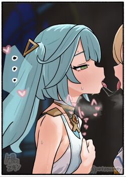 2girls after_kiss aqua_hair artist_name bare_shoulders blonde_hair blurry blurry_background blush border breath colored_speech_bubble commentary_request dress faruzan_(genshin_impact) from_side fuyudori_yukino genshin_impact green_eyes half-closed_eyes hand_on_own_chest heart highres jewelry looking_at_another lumine_(genshin_impact) multiple_girls open_mouth saliva saliva_trail solo_focus sound_effects speech_bubble sweat tongue tongue_out translation_request twintails twitter_username upper_body white_dress yuri