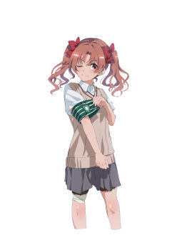 1girl ;) absurdres adjusting_clothes anime_coloring armband bandaged_leg bandages bow brown_eyes brown_hair brown_sweater_vest ci31205 collared_shirt commentary_request green_armband grey_skirt hair_bow highres holster judgement_armband_(toaru) long_hair looking_ahead miniskirt official_style one_eye_closed pleated_skirt red_bow school_uniform shirai_kuroko shirt short_sleeves skirt smile solo summer_uniform sweater_vest thigh_holster toaru_kagaku_no_railgun toaru_majutsu_no_index tokiwadai_school_uniform twintails v-neck white_background white_shirt