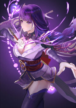 1girl back_bow blunt_bangs bow braid breasts bridal_gauntlets cleavage commentary electricity from_side genshin_impact glowing glowing_sword glowing_weapon hair_ornament highres holding holding_sword holding_weapon japanese_clothes kimono large_breasts long_braid long_hair michan127neko mitsudomoe_(shape) multicolored_hair musou_isshin_(genshin_impact) off_shoulder powering_up purple_background purple_eyes purple_hair purple_kimono purple_thighhighs raiden_shogun red_sash sash single_braid solo standing streaked_hair sword thighhighs tomoe_(symbol) upper_body weapon