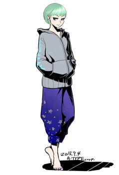 Rule 34 | 1girl, barefoot, blue eyes, blue nails, blue pants, commentary request, dated, full body, green hair, grey hoodie, hands in pockets, hood, hoodie, lips, matsu (a-type corp), nail polish, original, pants, ringed eyes, short hair, signature, solo, star (symbol), tiptoes, toenail polish, toenails