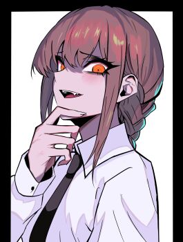 Rule 34 | 1girl, black necktie, braid, braided ponytail, chainsaw man, collared shirt, highres, long hair, long sleeves, looking at viewer, makima (chainsaw man), nagai negi, necktie, red hair, ringed eyes, shirt, sidelocks, simple background, solo, white shirt, yellow eyes