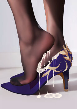 Rule 34 | 1girl, absurdres, black pantyhose, blue footwear, close-up, cum, cum on body, cum on clothes, cum on feet, feet, foot focus, genshin impact, grey background, heel up, high heels, highres, keqing (genshin impact), legs, no shoes, pantyhose, purple footwear, shadow, shoes, simple background, single shoe, soles, solo, standing, stiletto heels, sym., tiptoes, toes