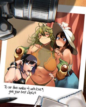 3girls bikini black_hair boku_no_hero_academia breasts brown_eyes brown_hair camera clauschristmas closed_mouth commentary deku&#039;s_photo_of_hagakure_toru english_commentary gloves green_bikini green_eyes green_gloves green_hair hagakure_toru hat highres jiro_kyoka large_breasts long_hair looking_at_viewer multiple_girls navel photo_(object) pointing pointing_at_self spiked_wristband sun_hat swimsuit tongue tongue_out unusually_visible uraraka_ochako white_hat