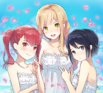 3girls :< :d back bare_shoulders black_eyes black_hair blonde_hair blue_eyes blush braid breasts cleavage clenched_hand cloud collarbone day dress female_focus frilled_dress frills holding_own_arm kyoubashi_amane light_smile long_hair looking_at_viewer looking_back multiple_girls neck occhan_(11715) ocean open_mouth outdoors parted_bangs petals red_eyes red_hair school_girl_strikers short_hair short_twintails single_braid sky small_breasts smile strapless strapless_dress sumihara_satoka twintails upper_body v white_dress yaginuma_io yellow_eyes