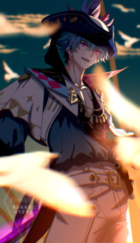 1boy absurdres bird blue_hair blue_shirt blue_sky brant_(wuthering_waves) collarbone commentary cowboy_shot earrings english_commentary evening hair_between_eyes hat hat_feather highres jewelry male_focus multicolored_hair open_clothes open_mouth open_shirt outdoors pants pink_eyes sae_naiyatsu shirt shirt_tucked_in short_hair sky smile solo streaked_hair tricorne watermark white_bird white_pants wuthering_waves