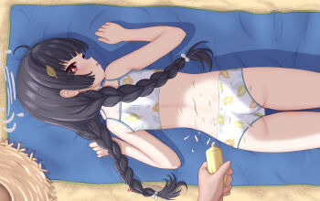 Rule 34 | 1boy, 1girl, absurdres, ass, azunyart, beach towel, bikini, black hair, blue archive, braid, hat, highres, holding sunscreen, long hair, low twin braids, lying, miyu (blue archive), miyu (swimsuit) (blue archive), official alternate costume, official alternate hairstyle, on stomach, red eyes, sand, sensei (blue archive), solo focus, straw hat, swimsuit, towel, twin braids, white bikini