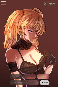 1girl absurdres ani_(xai) arm_garter black_lingerie blonde_hair blue_eyes breasts brown_background cleavage elbow_gloves garter_straps gloves grok_(xai) hair_between_eyes high_ponytail highres lace lingerie long_hair looking_down non-web_source ponytail see-through_clothes simple_background solo underwear user_interface