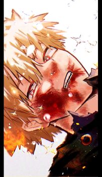 1boy bakugou_katsuki black_shirt blonde_hair blood blood_on_face boku_no_hero_academia commentary commentary_request english_commentary highres injury ksiw_(ka_siwamoti) looking_at_viewer male_focus mixed-language_commentary open_mouth orange_eyes pillarboxed shirt short_hair sideways solo sparks spiked_hair teeth torn_clothes torn_shirt white_background