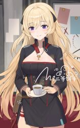 Rule 34 | 1girl, absurdres, artist name, blonde hair, breasts, closed mouth, coffee, coffee mug, cowboy shot, cross, cross necklace, cup, g3 (girls&#039; frontline), girls&#039; frontline, hair ornament, highres, holding, holding cup, jewelry, long hair, long sleeves, mug, necklace, purple eyes, signature, simobulanka, smile, solo
