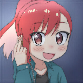 1girl black_background black_shirt blue_jacket blush collarbone earbuds earphones highres jacket long_hair long_sleeves looking_at_viewer multicolored_hair open_clothes open_jacket open_mouth pink_hair ponytail red_eyes red_hair ruri_no_houseki seto_shouko shirt smile t_jiroo_(ringofriend) two-tone_hair upper_body