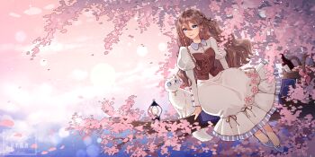 1girl absurdres basket blue_eyes blue_shoes brown_hair cat chaki_aiha cherry_blossoms closed_mouth collared_dress commentary_request day double-parted_bangs dress hair_between_eyes highres in_tree juliet_sleeves lantern long_hair long_sleeves original outdoors puffy_sleeves shoes sitting sitting_in_tree smile solo tree white_dress