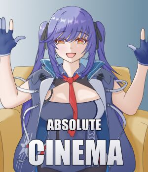 Rule 34 | 1girl, absolute cinema (meme), absurdres, azur lane, blue gloves, essex (azur lane), fang, fingerless gloves, gloves, greyscale, hands up, highres, looking at viewer, meme, monochrome, necktie, open mouth, orange eyes, purple hair, red necktie, sitting, skin fang, solo, swept bangs, twintails, wororg