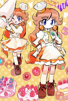 1girl absurdres apron blue_eyes brown_hair brown_shoes cake cake_slice chef_hat cosplay food fruit hat highres holding holding_pastry_bag long_hair mario_(series) multiple_views nintendo one_eye_closed open_mouth orange_background orange_skirt pastry_bag patissiere_peach princess_daisy princess_peach princess_peach:_showtime! princess_peach_(cosplay) rakugaki_shitagari-ya shoes skirt smile socks strawberry white_apron white_socks