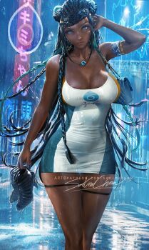 1girl alternate_costume arm_up bag bare_shoulders braid braided_bun breasts cleavage dark-skinned_female dark_skin double_bun dress earrings hair_bun hair_ornament hand_on_own_head handbag holding holding_shoes holding_unworn_clothes jewelry large_breasts lipstick long_hair looking_at_viewer makeup nail_polish necklace nessa_(pokemon) nintendo outdoors paid_reward_available pokemon pokemon_swsh rain sakimichan shoes short_dress skin_tight solo thick_thighs thigh_gap thigh_strap thighs tight_clothes tight_dress unworn_shoes very_long_hair water_drop wet wet_clothes